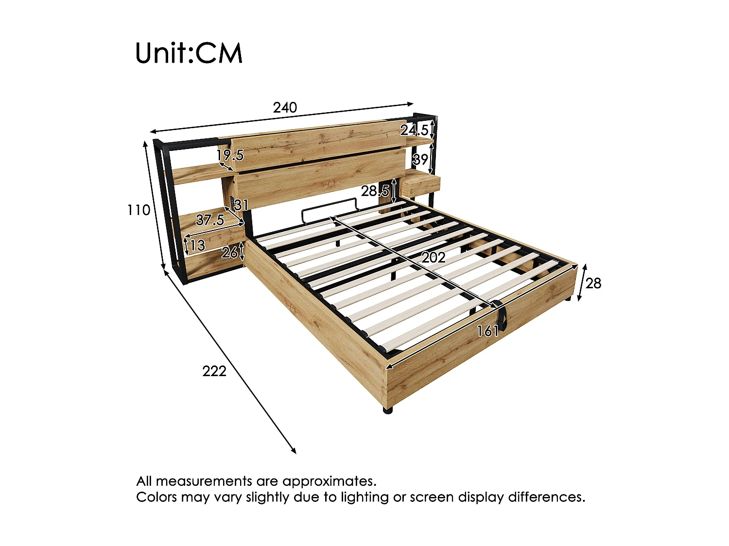 Lit double en bois 160 × 200 cm, avec tiroirs et ports de recharge USB et Type-C, couleur chêne.