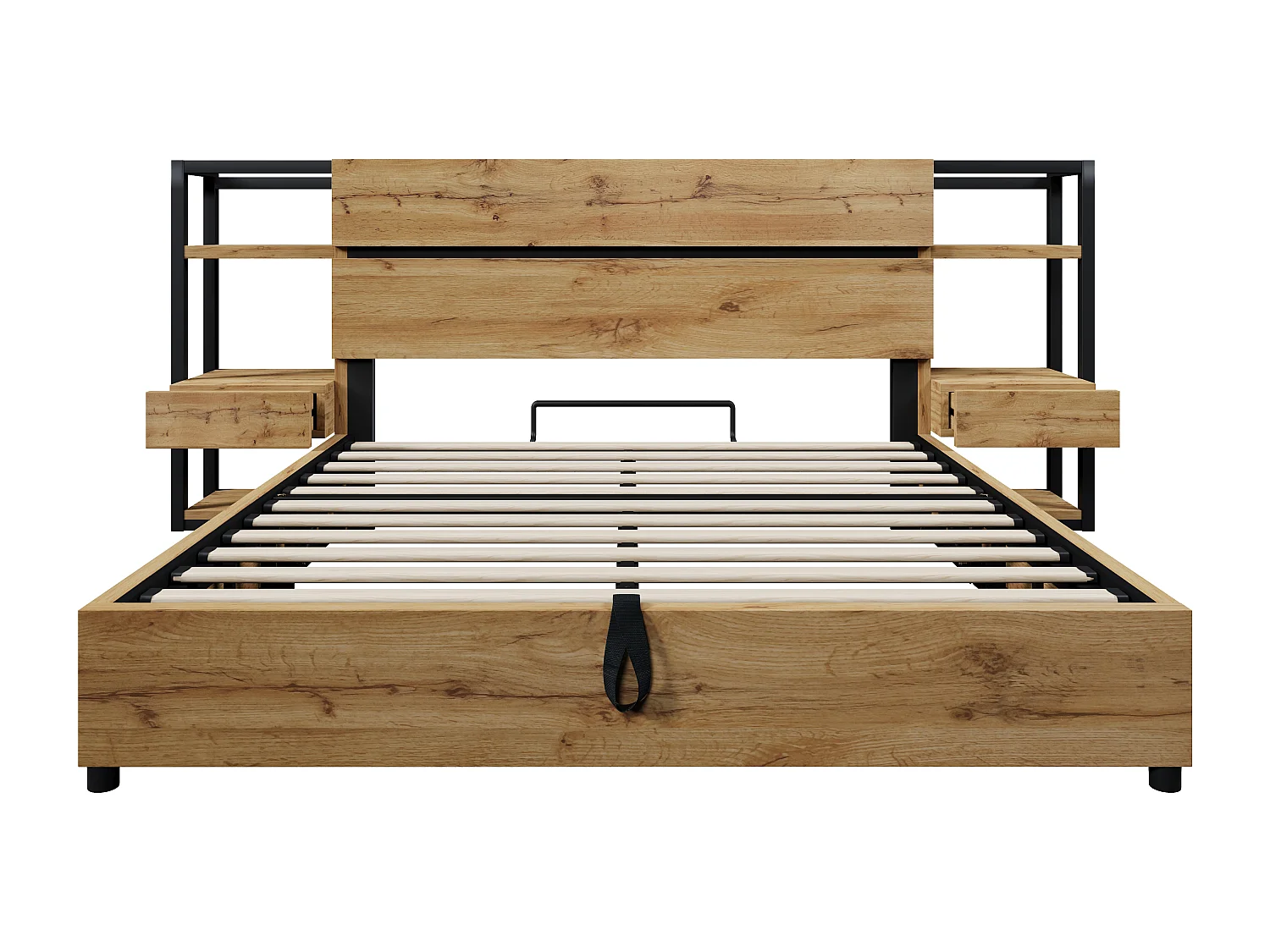 Lit double en bois 160 × 200 cm, avec tiroirs et ports de recharge USB et Type-C, couleur chêne.