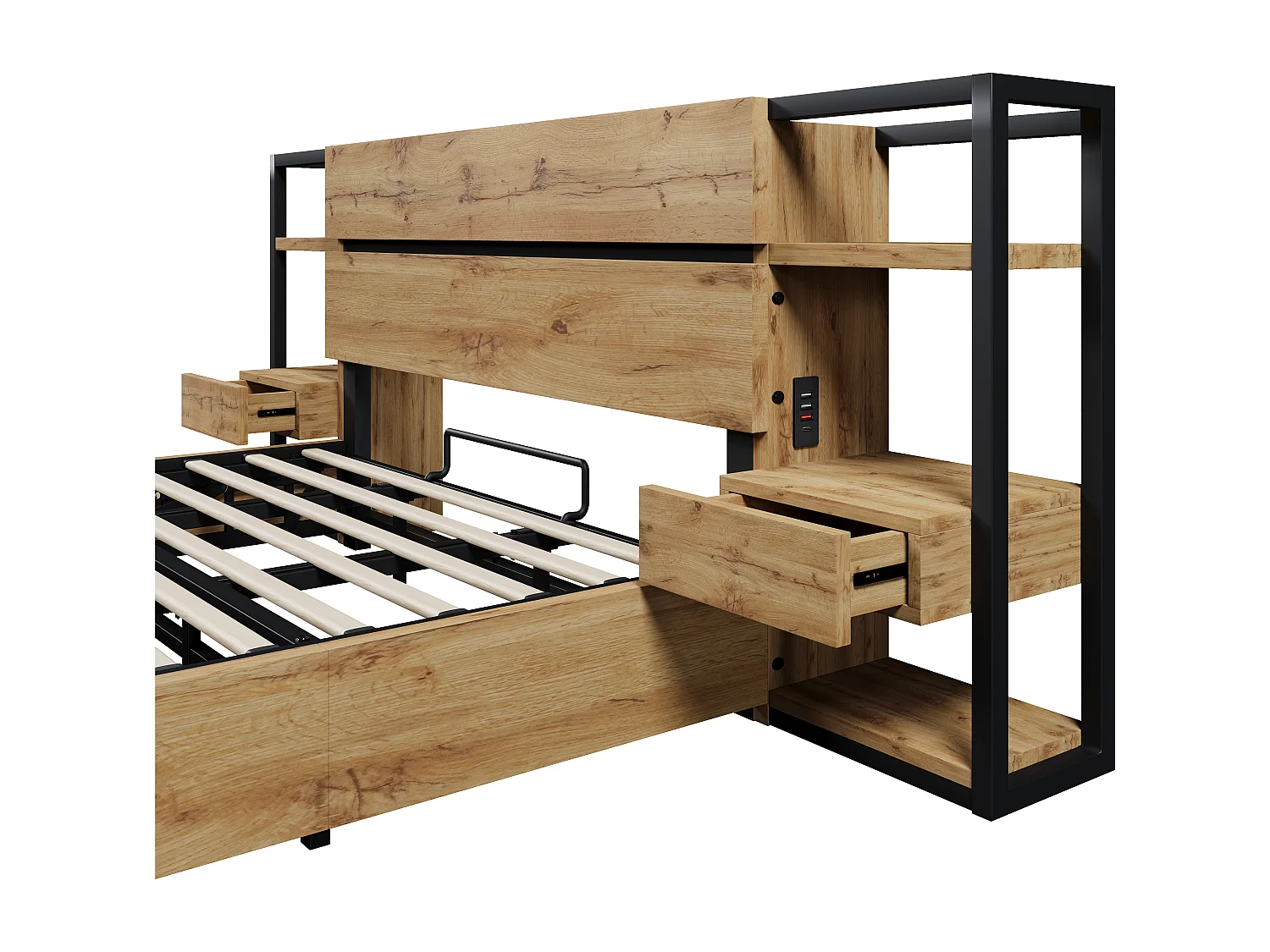 Lit double en bois 160 × 200 cm, avec tiroirs et ports de recharge USB et Type-C, couleur chêne.