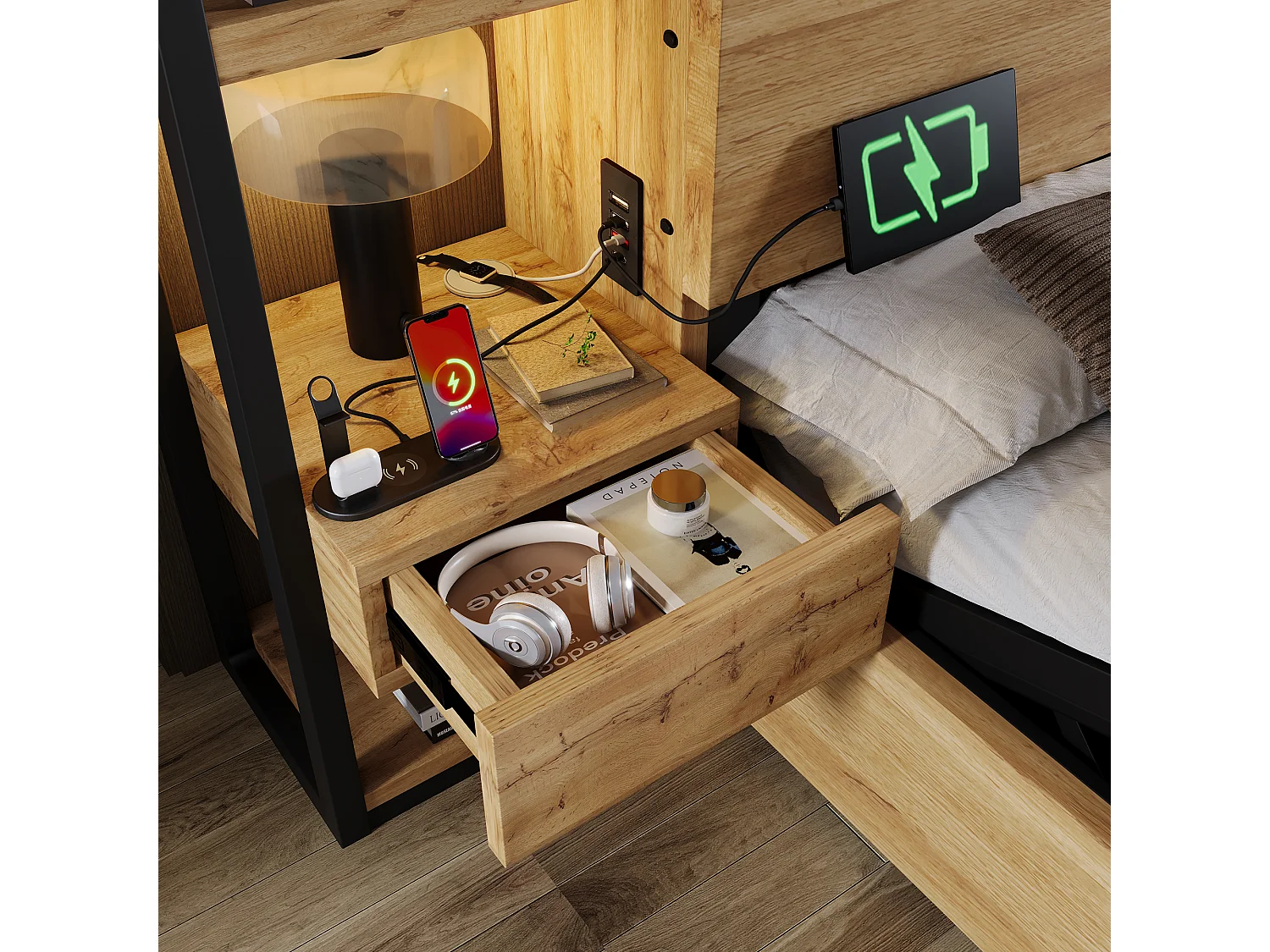 Lit double en bois 160 × 200 cm, avec tiroirs et ports de recharge USB et Type-C, couleur chêne.