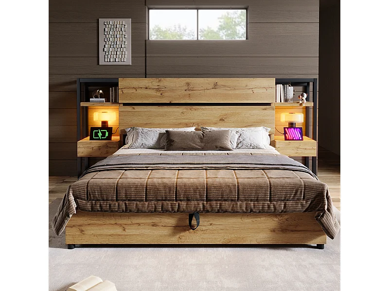 Lit double en bois 160 × 200 cm, avec tiroirs et ports de recharge USB et Type-C, couleur chêne.