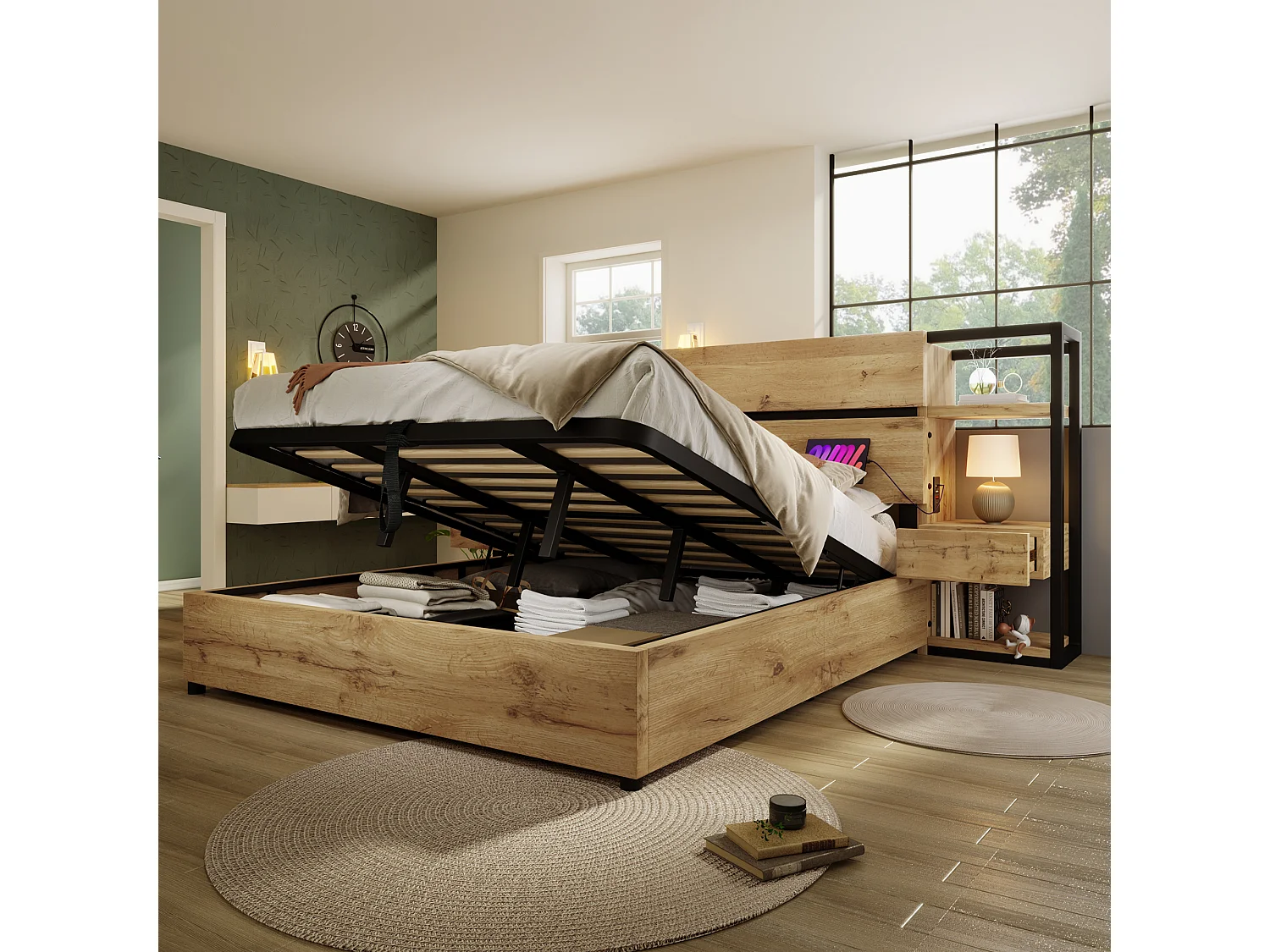 Lit double en bois 180×200 cm, avec tiroirs et ports de recharge USB et Type-C, couleur chêne.