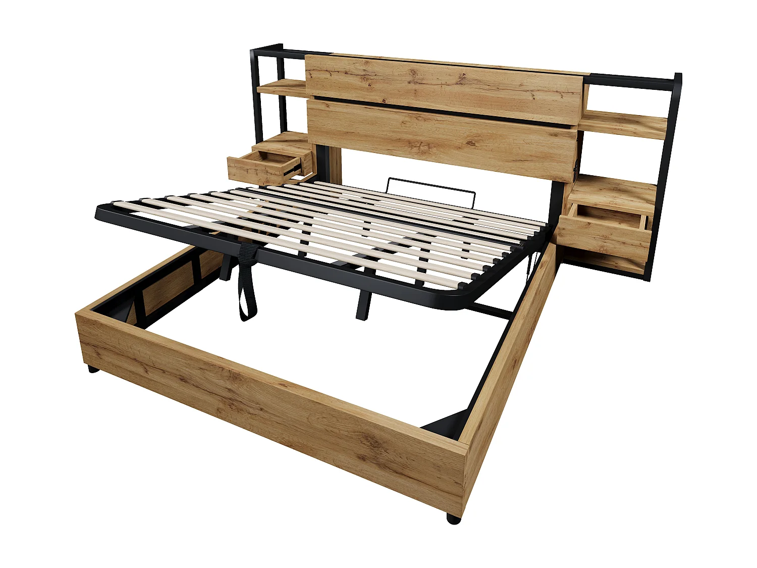 Lit double en bois 180×200 cm, avec tiroirs et ports de recharge USB et Type-C, couleur chêne.