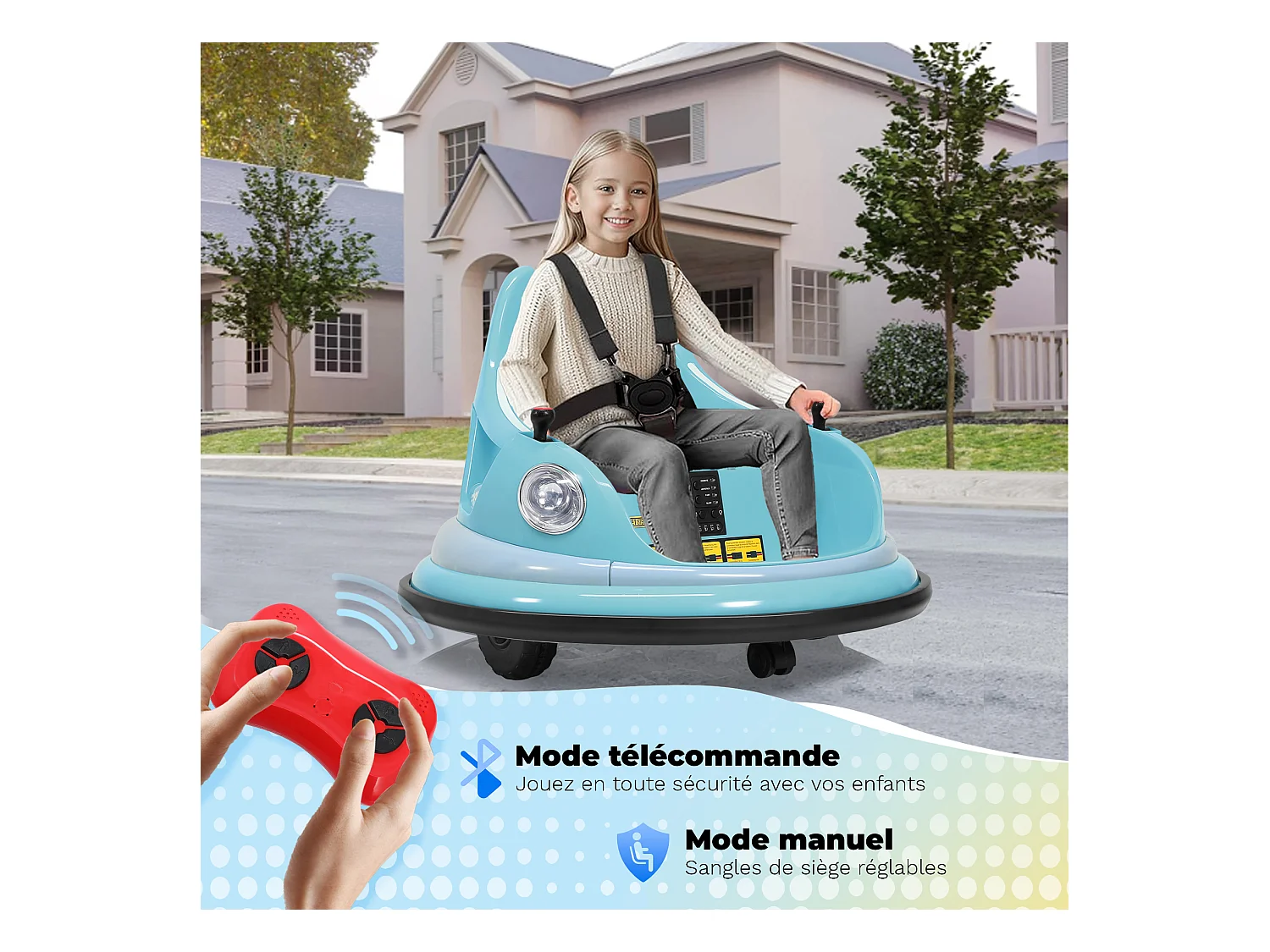Auto-tamponneuse HOMEMIYN 12 V, ✓ASTM. Télécommande, Bluetooth + LED, rotation à 360°, harnais cinq points. 2 vitesses, enfants de 1,5 à 5 ans. Bleu.