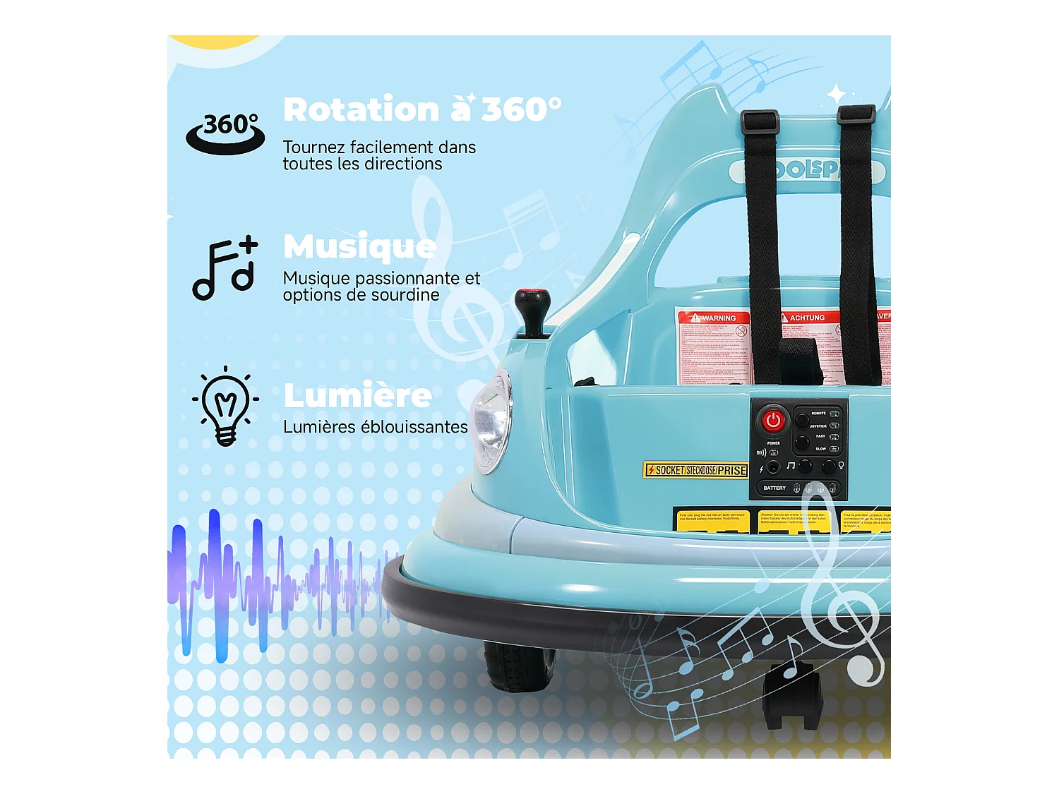 Auto-tamponneuse HOMEMIYN 12 V, ✓ASTM. Télécommande, Bluetooth + LED, rotation à 360°, harnais cinq points. 2 vitesses, enfants de 1,5 à 5 ans. Bleu.