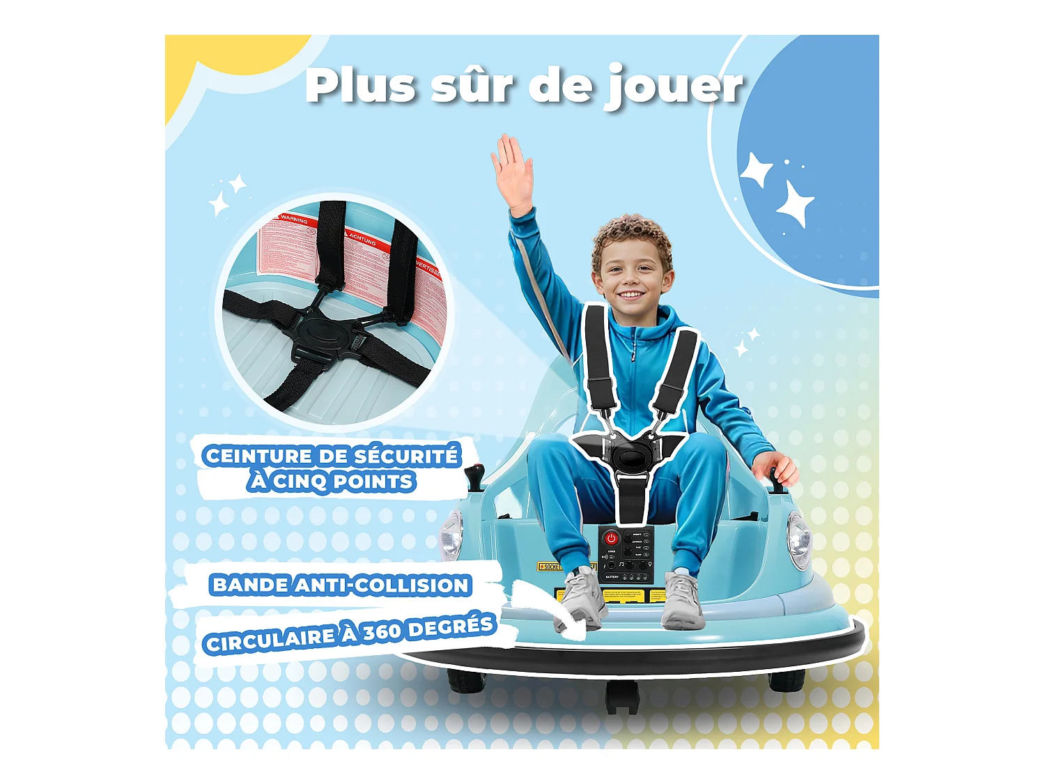 Auto-tamponneuse HOMEMIYN 12 V, ✓ASTM. Télécommande, Bluetooth + LED, rotation à 360°, harnais cinq points. 2 vitesses, enfants de 1,5 à 5 ans. Bleu.