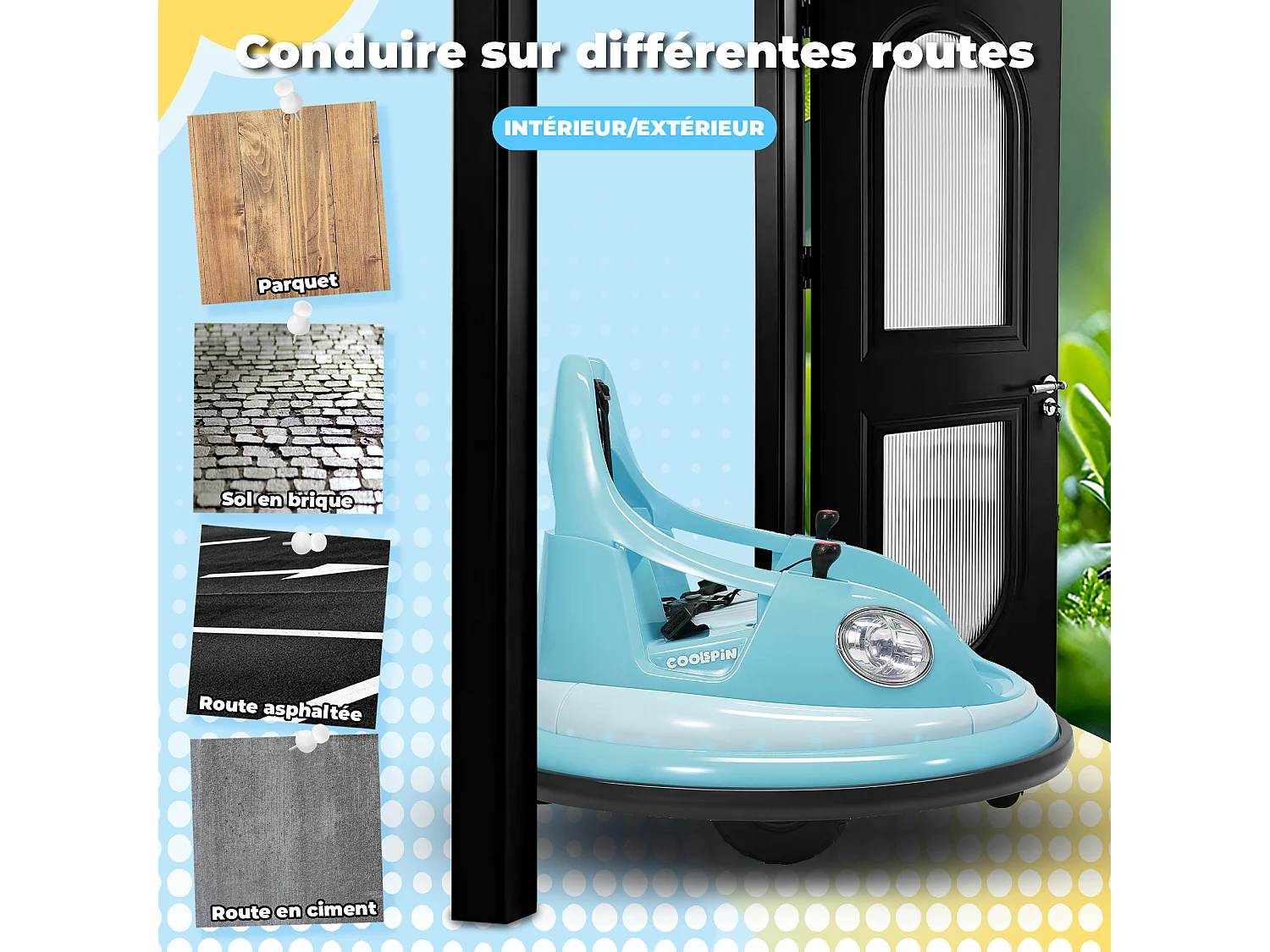 Auto-tamponneuse HOMEMIYN 12 V, ✓ASTM. Télécommande, Bluetooth + LED, rotation à 360°, harnais cinq points. 2 vitesses, enfants de 1,5 à 5 ans. Bleu.