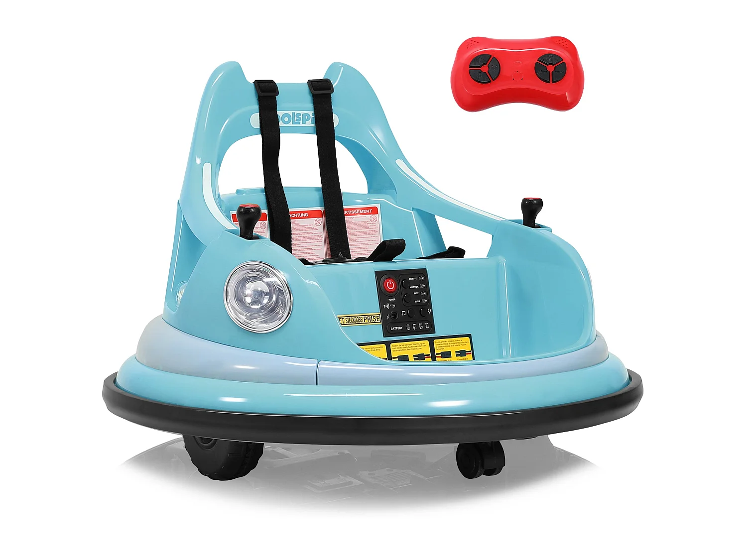 HOMEMIYN 12V Elektro-Autoscooter mit 2 Geschwindigkeiten, ASTM, Fernbedienung, Bluetooth, LED, 360°-Drehung, 5-Punkt-Gurt. Für Kinder von 1,5 bis 5 Jahren. Blau.