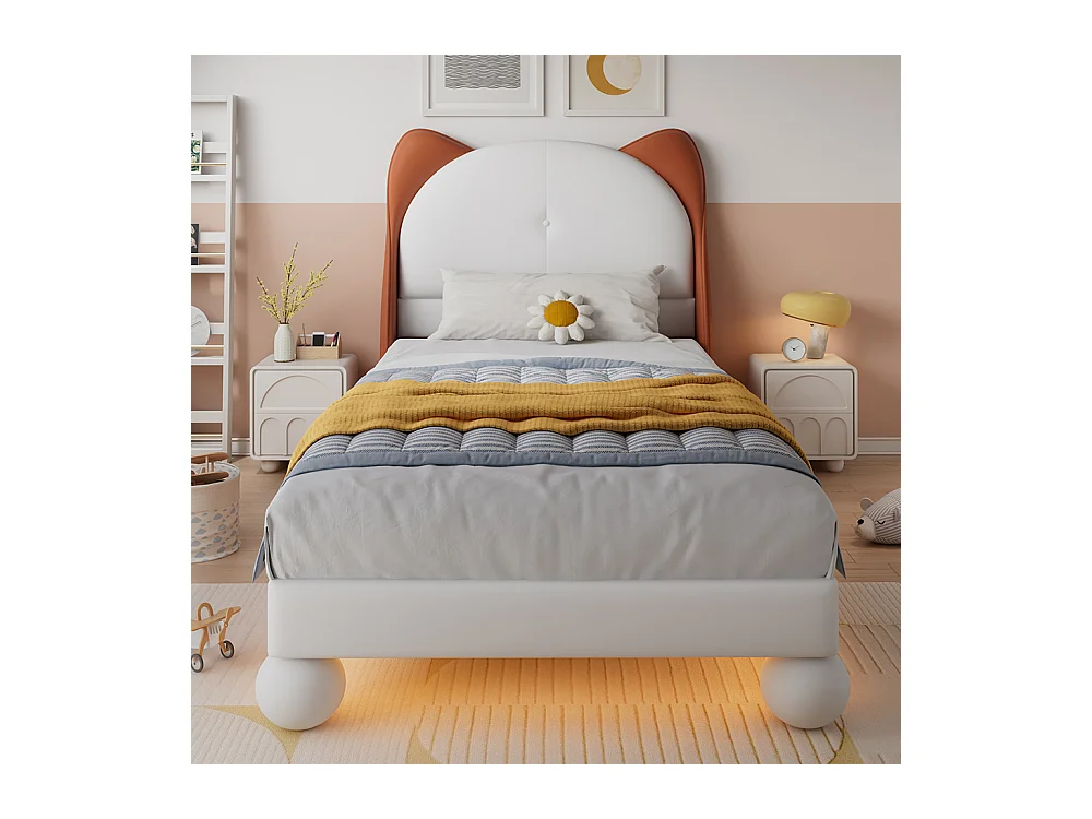 Lit simple pour enfant 90 x 200 cm, tête de lit en forme d'oreilles de chat, bande LED à couleur réglable, beige + brun clair.