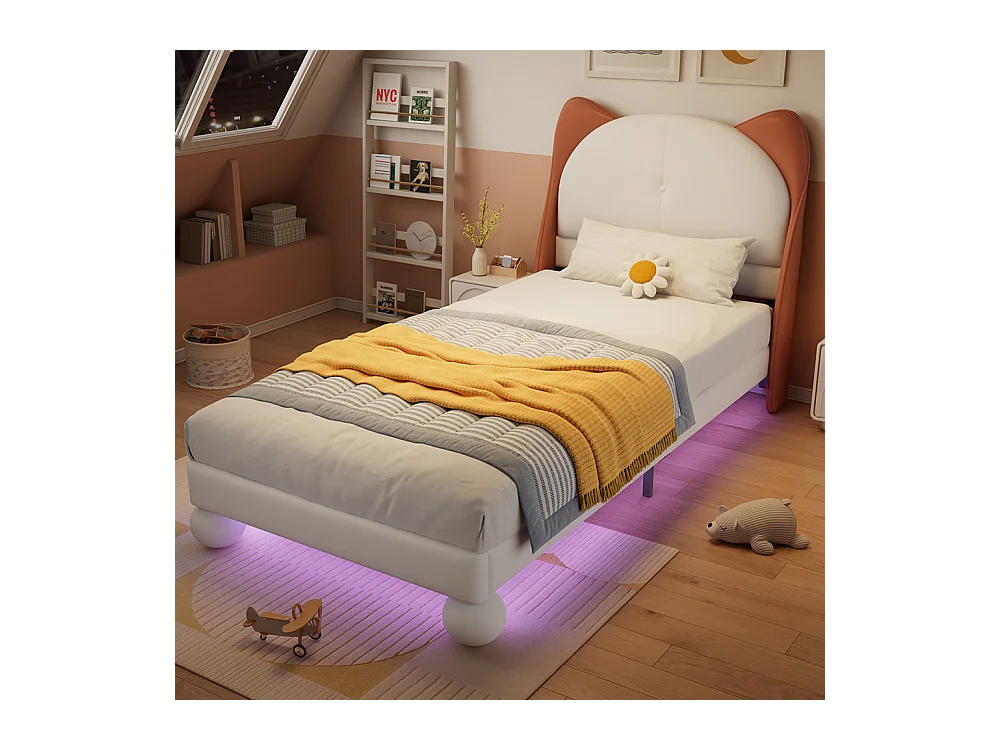 Lit simple pour enfant 90 x 200 cm, tête de lit en forme d'oreilles de chat, bande LED à couleur réglable, beige + brun clair.