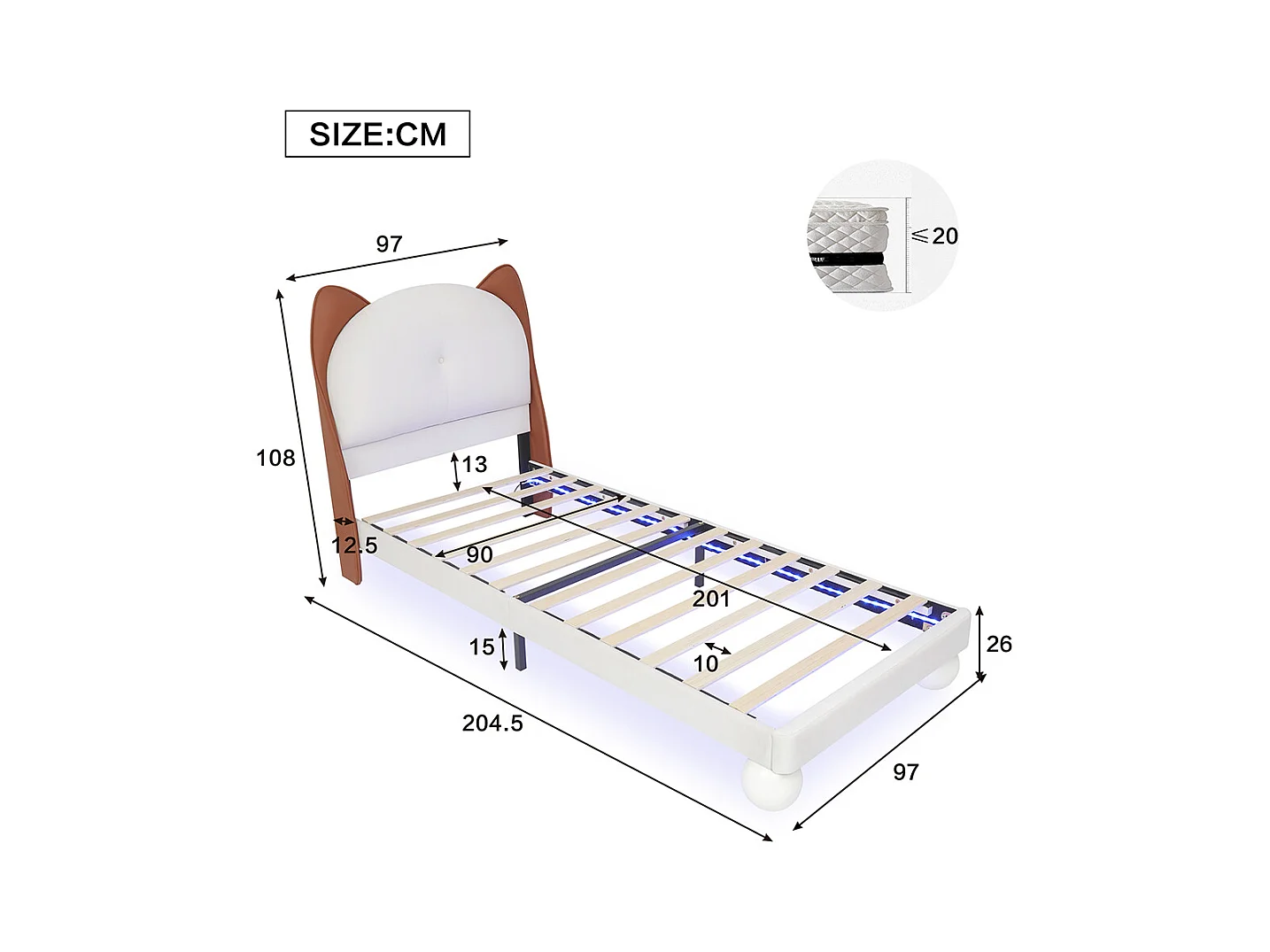 Lit simple pour enfant 90 x 200 cm, tête de lit en forme d'oreilles de chat, bande LED à couleur réglable, beige + brun clair.