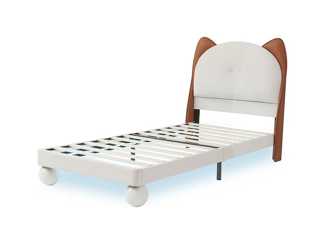 Lit simple pour enfant 90 x 200 cm, tête de lit en forme d'oreilles de chat, bande LED à couleur réglable, beige + brun clair.