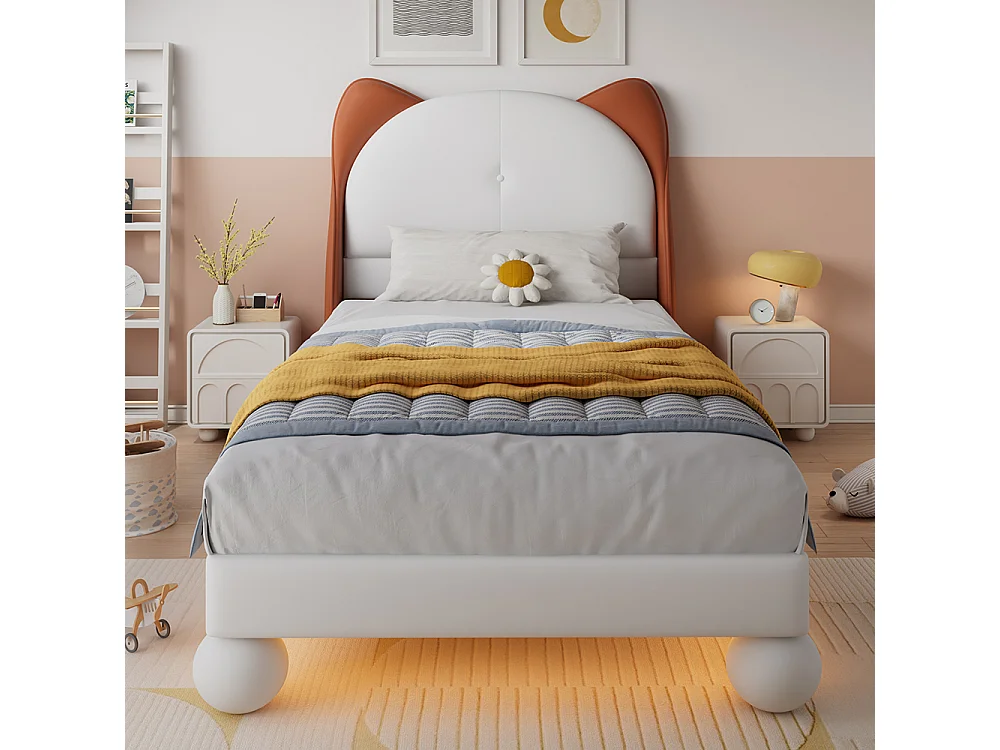 Cama individual para niños de 90 x 200 cm, cabecero con forma de orejas de gato, tira LED con color ajustable, beige + marrón claro.