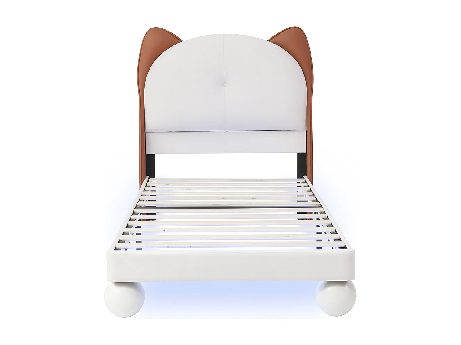 Cama individual para niños de 90 x 200 cm, cabecero con forma de orejas de gato, tira LED con color ajustable, beige + marrón claro.