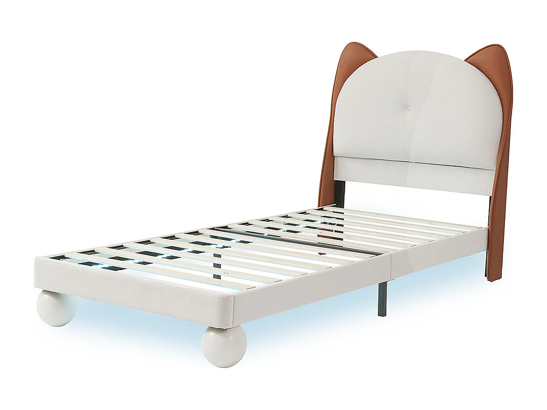 Cama individual para niños de 90 x 200 cm, cabecero con forma de orejas de gato, tira LED con color ajustable, beige + marrón claro.