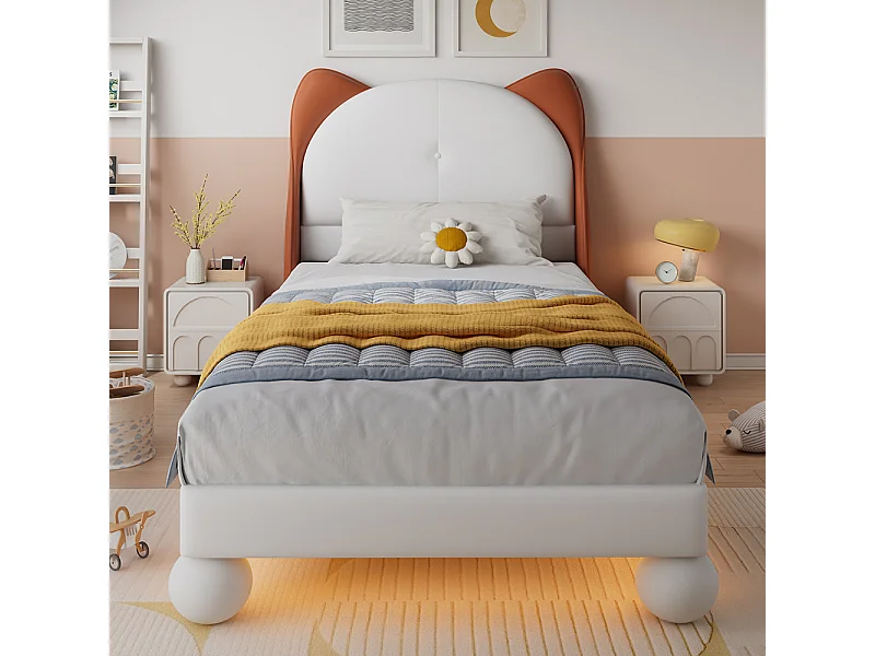 Lit simple pour enfant 90 x 200 cm, tête de lit en forme d'oreilles de chat, bande LED à couleur réglable, beige + brun clair.