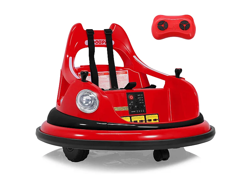 HOMEMIYN 12V bumperauto, 2 snelh. ✓ASTM. Afstandsbediening, Bluetooth+LED, 360° draai, vijfpuntsgordel. Voor 1.5-5 jr. Rood.