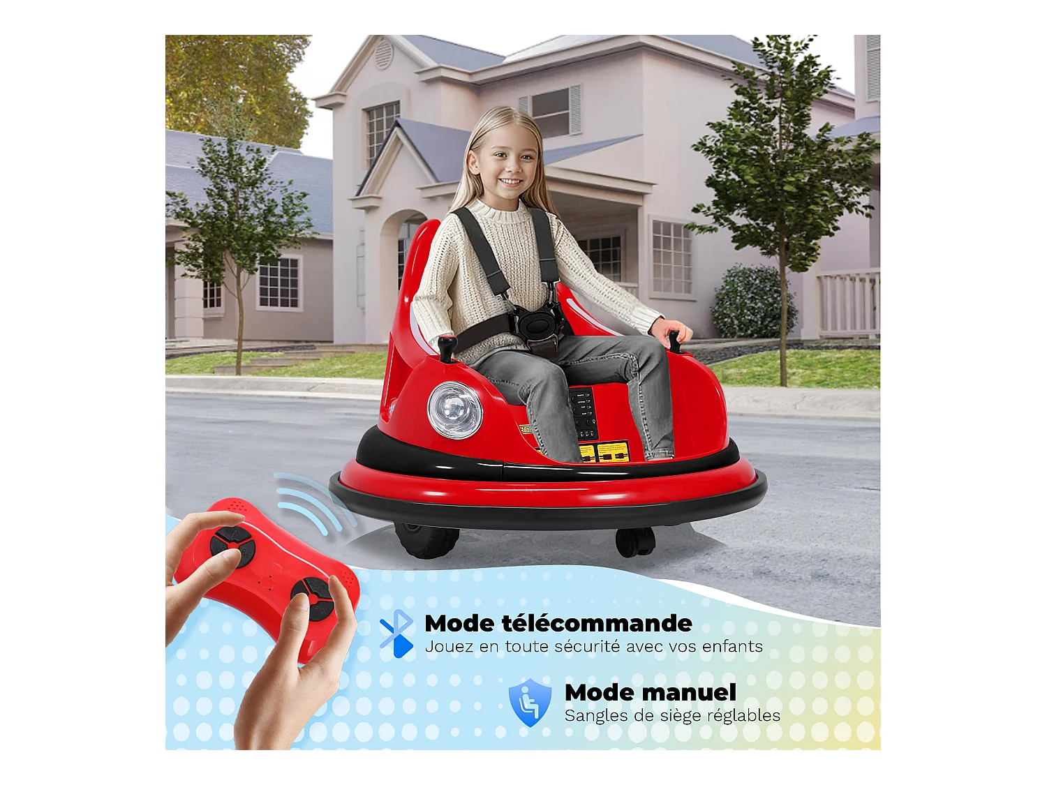 Auto-tamponneuse HOMEMIYN 12 V, 2 vitesses, télécommande ASTM, Bluetooth, LED, rotation à 360°, harnais cinq points. Pour les 1,5 à 5 ans. Rouge.