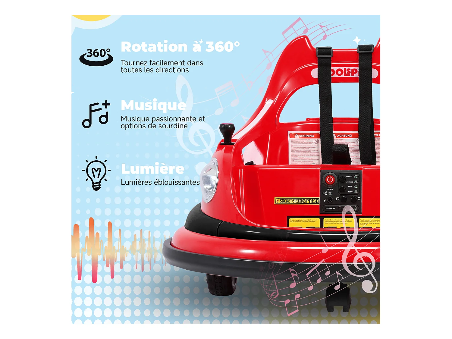 Auto-tamponneuse HOMEMIYN 12 V, 2 vitesses, télécommande ASTM, Bluetooth, LED, rotation à 360°, harnais cinq points. Pour les 1,5 à 5 ans. Rouge.