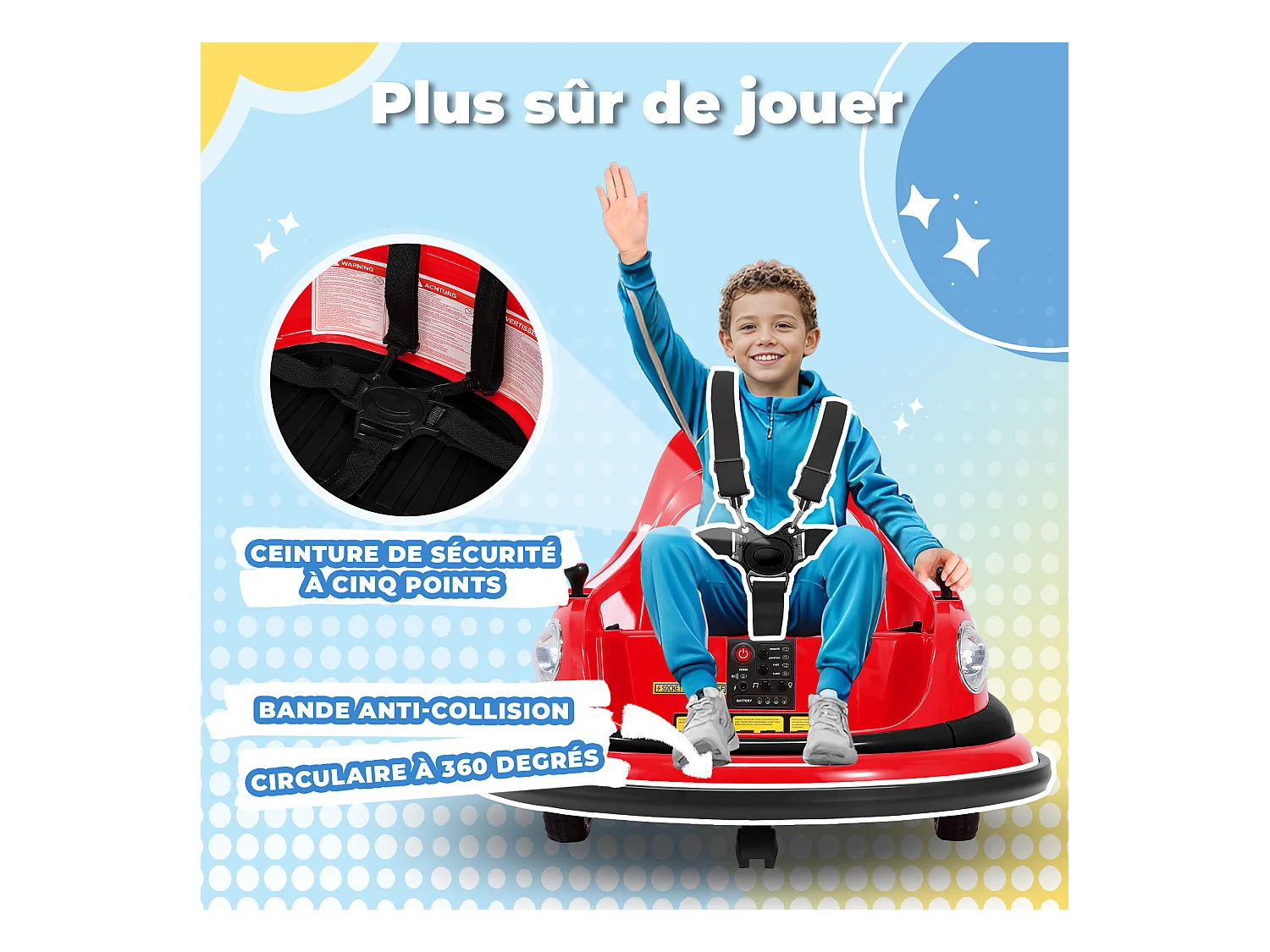 Auto-tamponneuse HOMEMIYN 12 V, 2 vitesses, télécommande ASTM, Bluetooth, LED, rotation à 360°, harnais cinq points. Pour les 1,5 à 5 ans. Rouge.