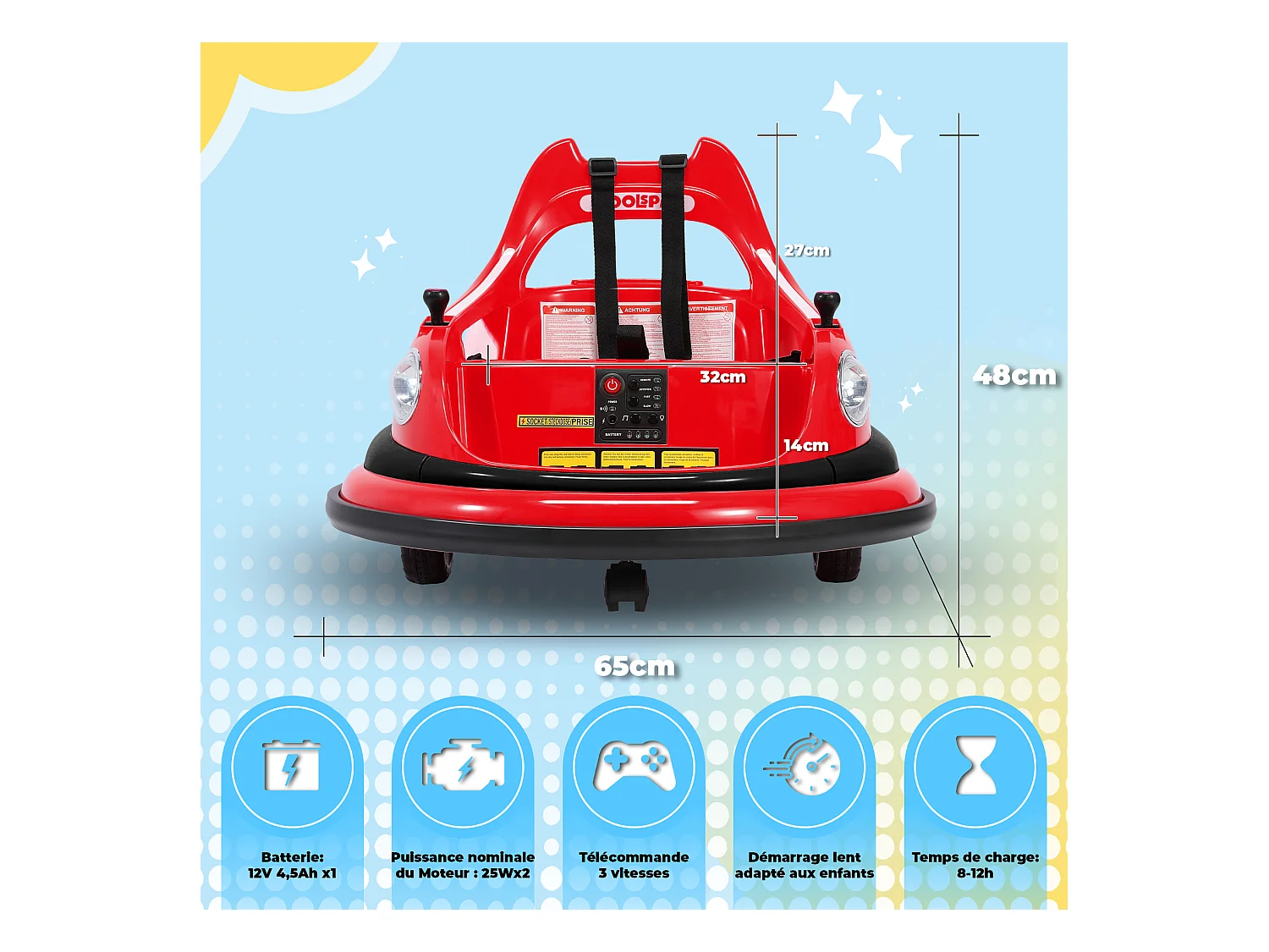 Auto-tamponneuse HOMEMIYN 12 V, 2 vitesses, télécommande ASTM, Bluetooth, LED, rotation à 360°, harnais cinq points. Pour les 1,5 à 5 ans. Rouge.