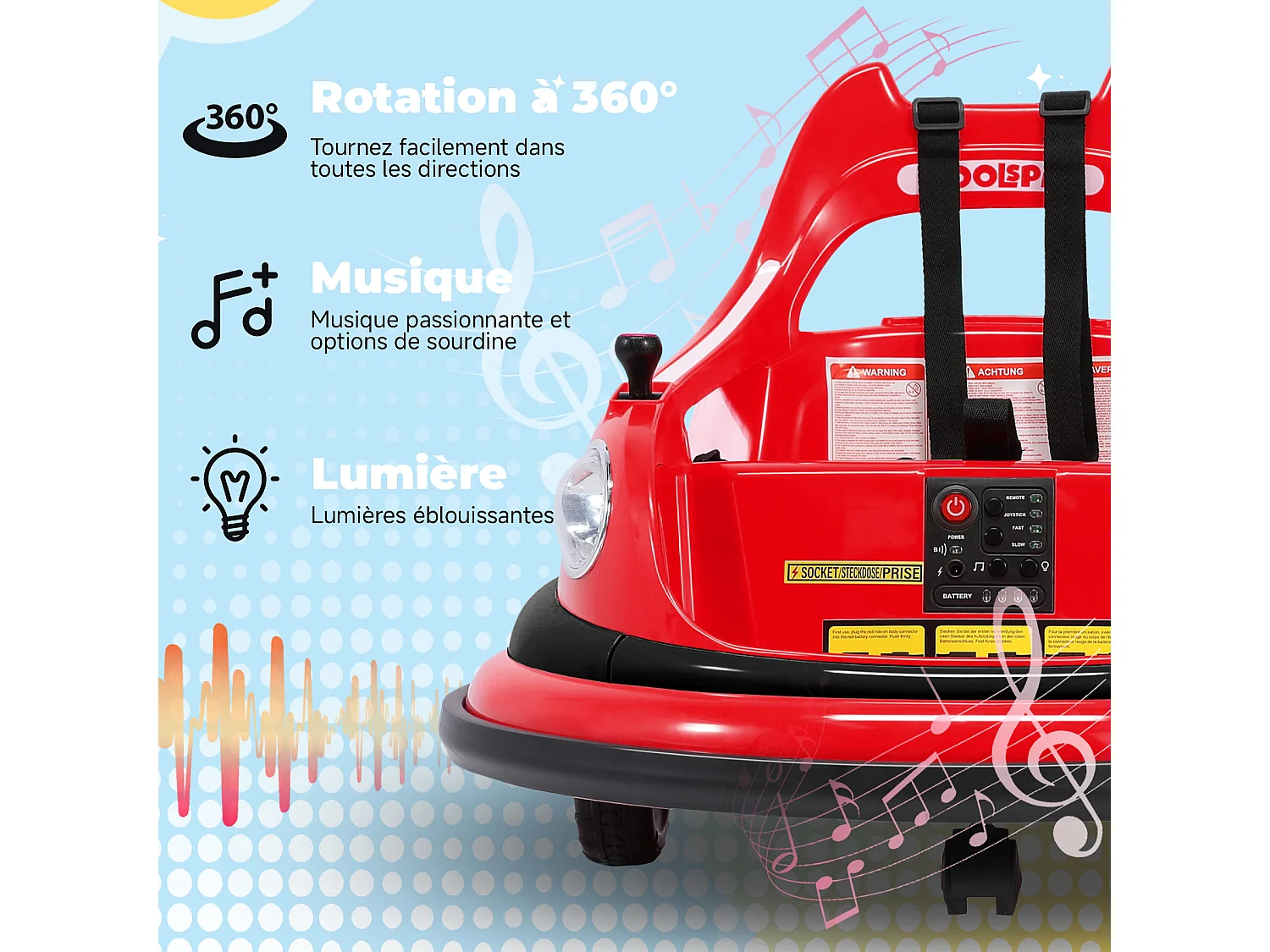 Auto-tamponneuse HOMEMIYN 12 V, 2 vitesses, télécommande ASTM, Bluetooth, LED, rotation à 360°, harnais cinq points. Pour les 1,5 à 5 ans. Rouge.