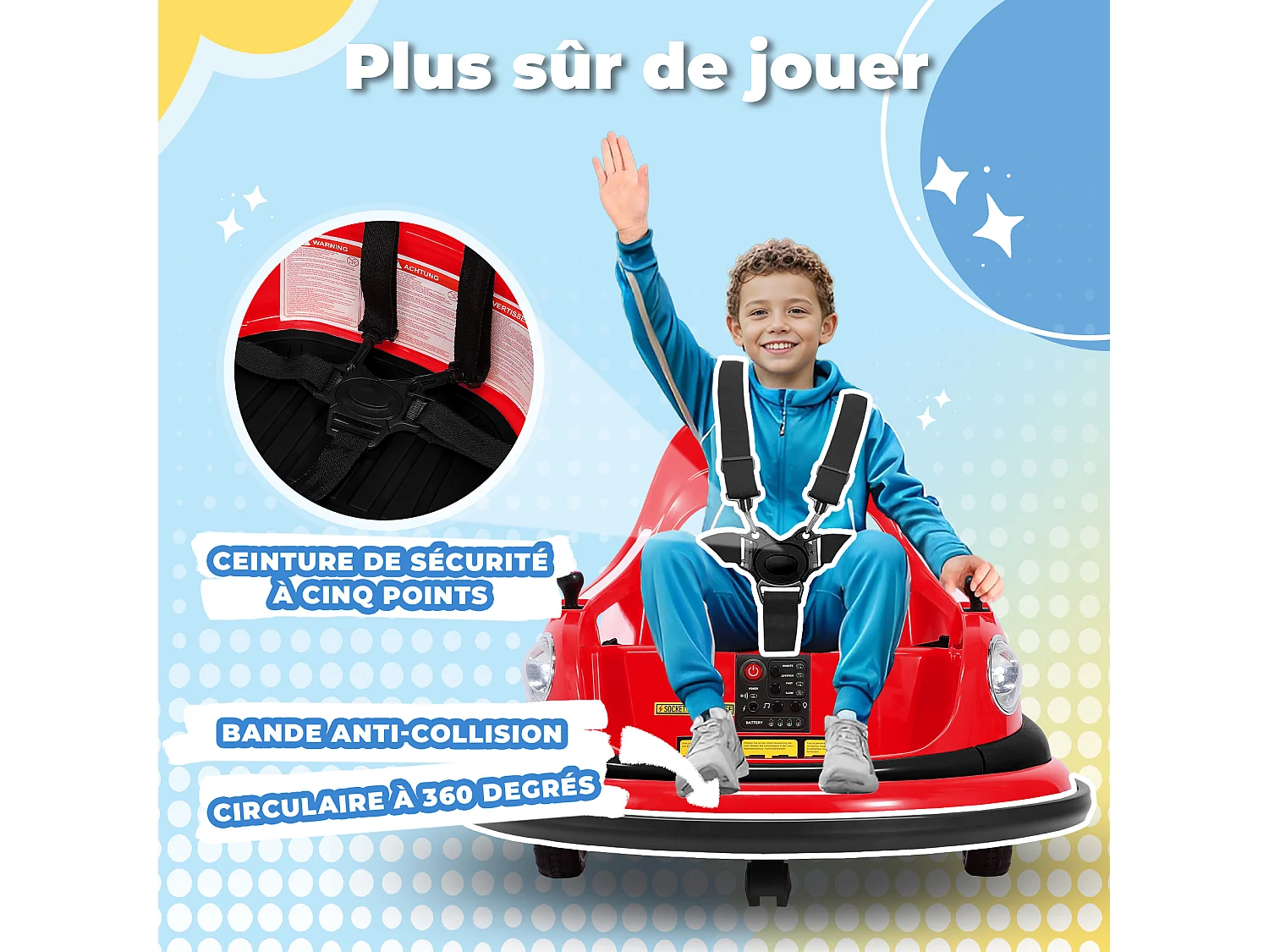 Auto-tamponneuse HOMEMIYN 12 V, 2 vitesses, télécommande ASTM, Bluetooth, LED, rotation à 360°, harnais cinq points. Pour les 1,5 à 5 ans. Rouge.