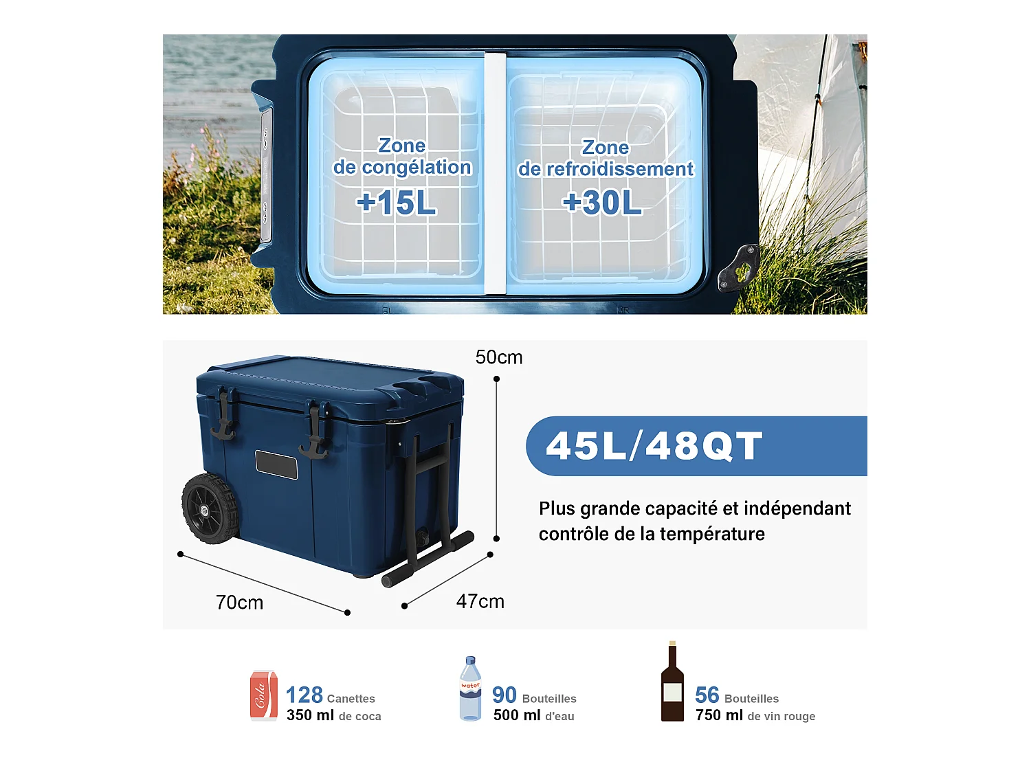Glacière à compresseur 45 L - Réfrigérateur de voiture avec double contrôle de température