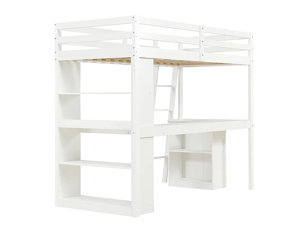 Hochbett 90 x 200 cm, praktisches Ablagefach, Sicherheitsbarriere, stabile Schrägleiter, weiß