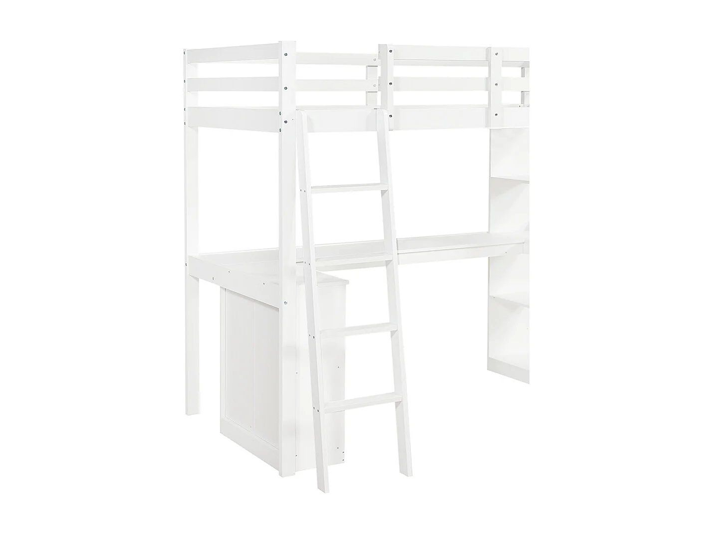 Hochbett 90 x 200 cm, praktisches Ablagefach, Sicherheitsbarriere, stabile Schrägleiter, weiß