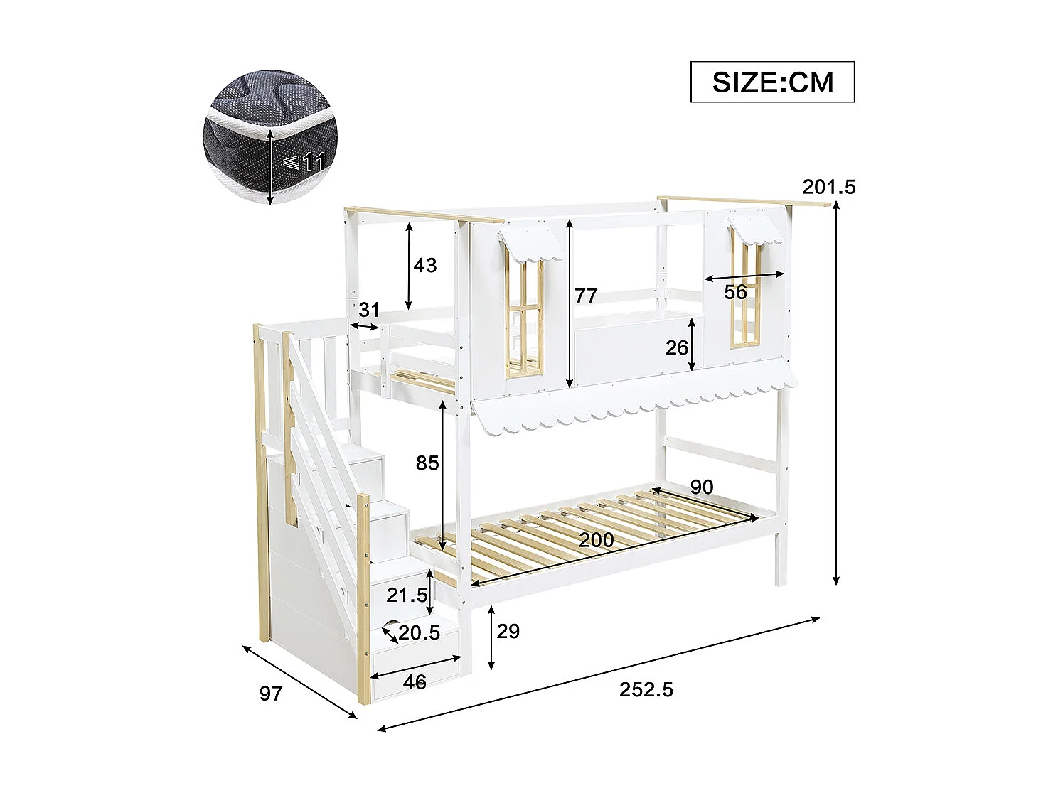 Letto per bambini 90 x 200 cm, scala con ripostiglio, finestra, tettoia, bianco + colore naturale