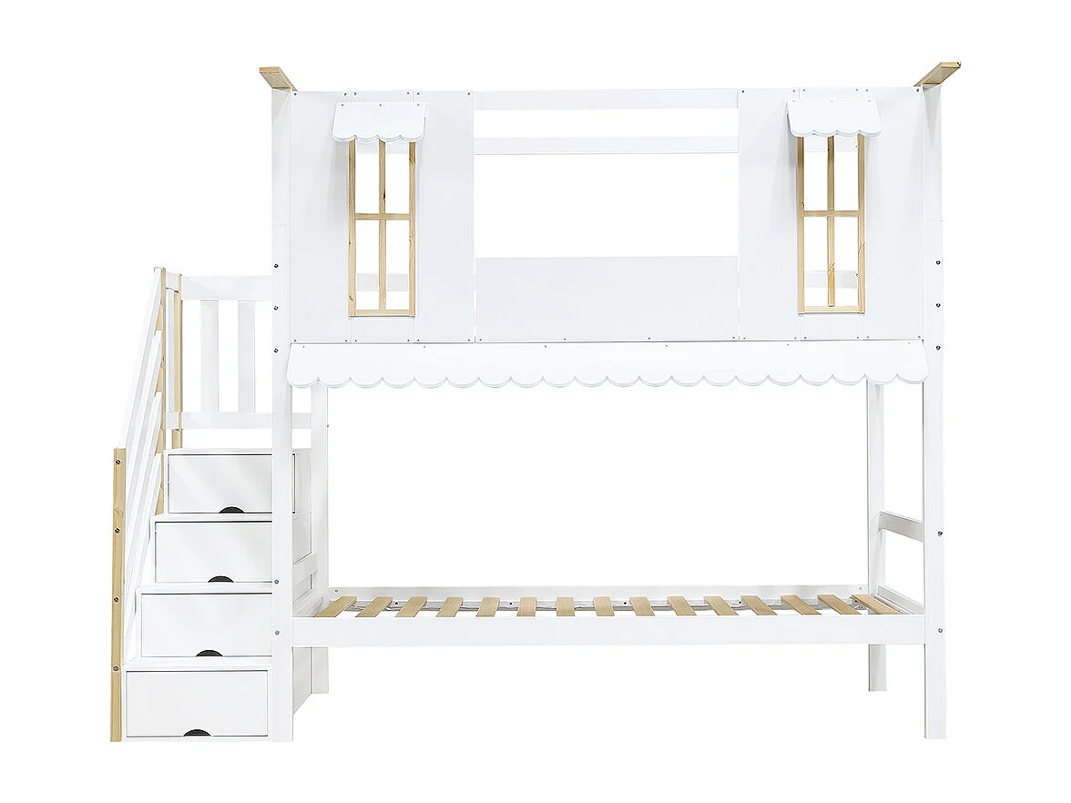 Letto per bambini 90 x 200 cm, scala con ripostiglio, finestra, tettoia, bianco + colore naturale