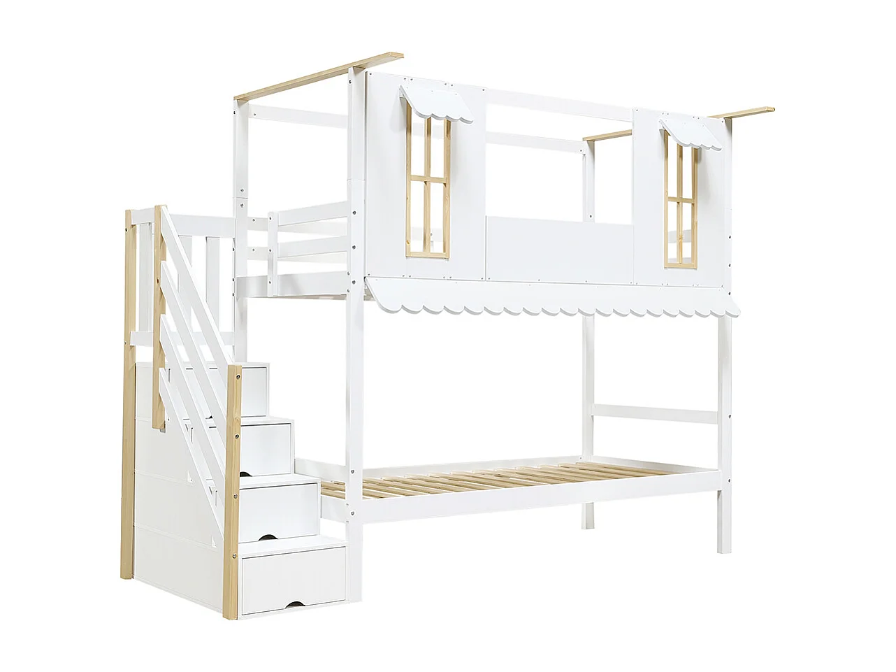 Letto per bambini 90 x 200 cm, scala con ripostiglio, finestra, tettoia, bianco + colore naturale