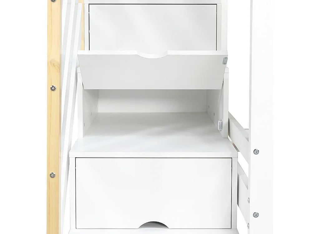 Letto per bambini 90 x 200 cm, scala con ripostiglio, finestra, tettoia, bianco + colore naturale