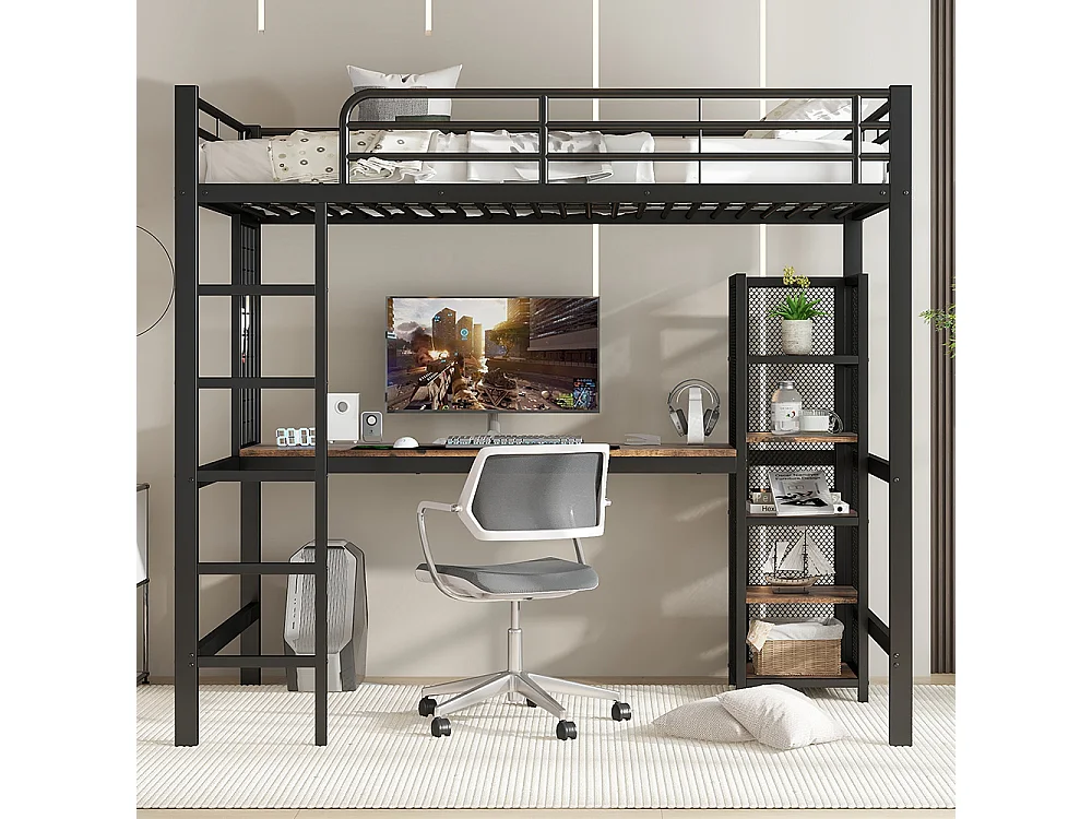 Hochbett 90 x 200 cm, aus Eisen und MDF, mit Tisch, Bücherregal, Geländer, Leiter, schwarz + dunkles Holz