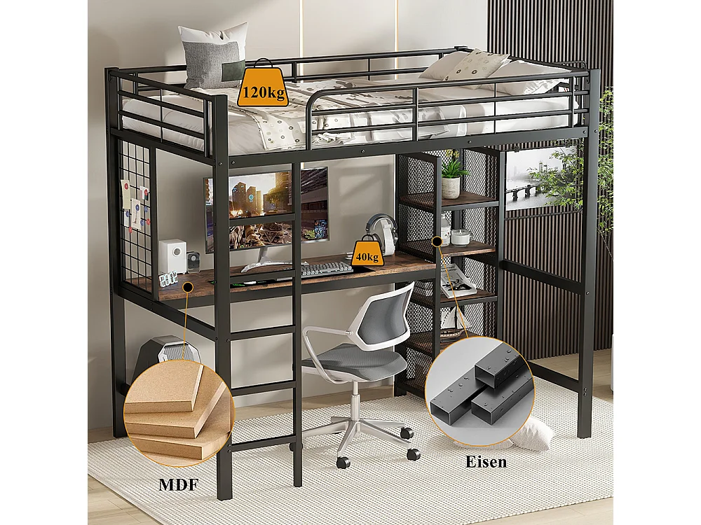 Hochbett 90 x 200 cm, aus Eisen und MDF, mit Tisch, Bücherregal, Geländer, Leiter, schwarz + dunkles Holz