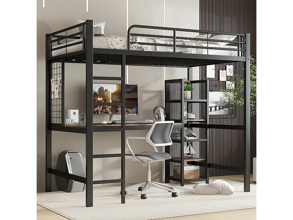 Hochbett 90 x 200 cm, aus Eisen und MDF, mit Tisch, Bücherregal, Geländer, Leiter, schwarz + dunkles Holz