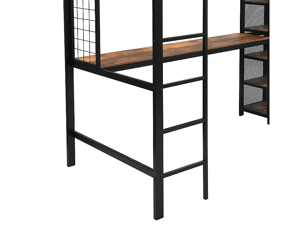 Hochbett 90 x 200 cm, aus Eisen und MDF, mit Tisch, Bücherregal, Geländer, Leiter, schwarz + dunkles Holz