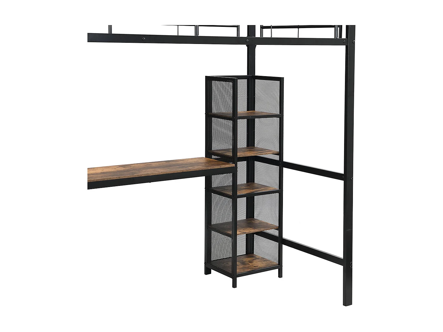 Hochbett 90 x 200 cm, aus Eisen und MDF, mit Tisch, Bücherregal, Geländer, Leiter, schwarz + dunkles Holz