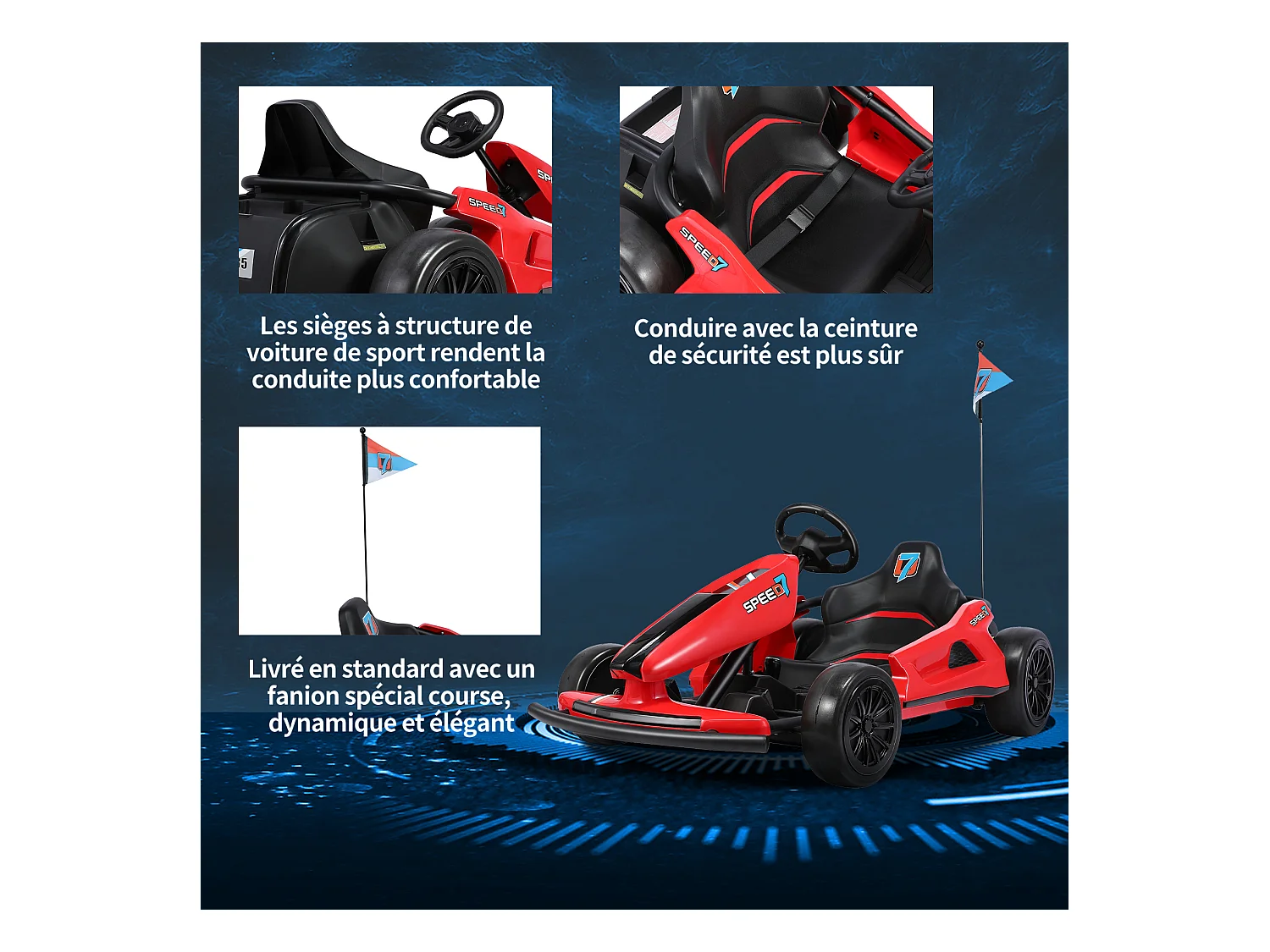 HOMEMiYN Kart électrique de drift 24V 13 km/h avec démarrage progressif, musique, klaxon, ceinture de sécurité pour enfants de 8 à 12 ans (rouge).