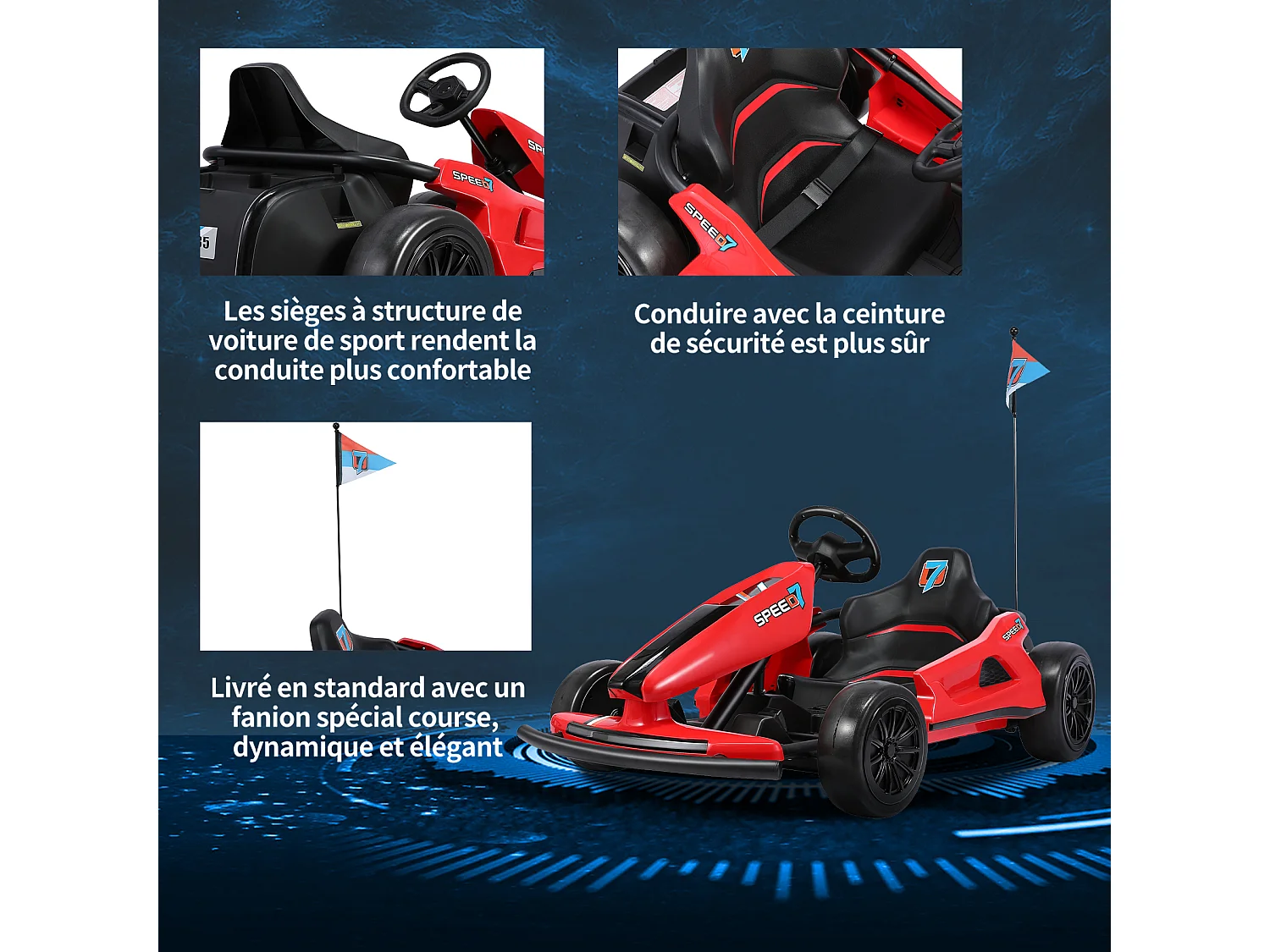 HOMEMiYN 24 V 13 km/h Elektro-Driftkart mit Sanftanlauf, Musik, Hupe, Sicherheitsgurt für Kinder von 8–12 Jahren (rot).