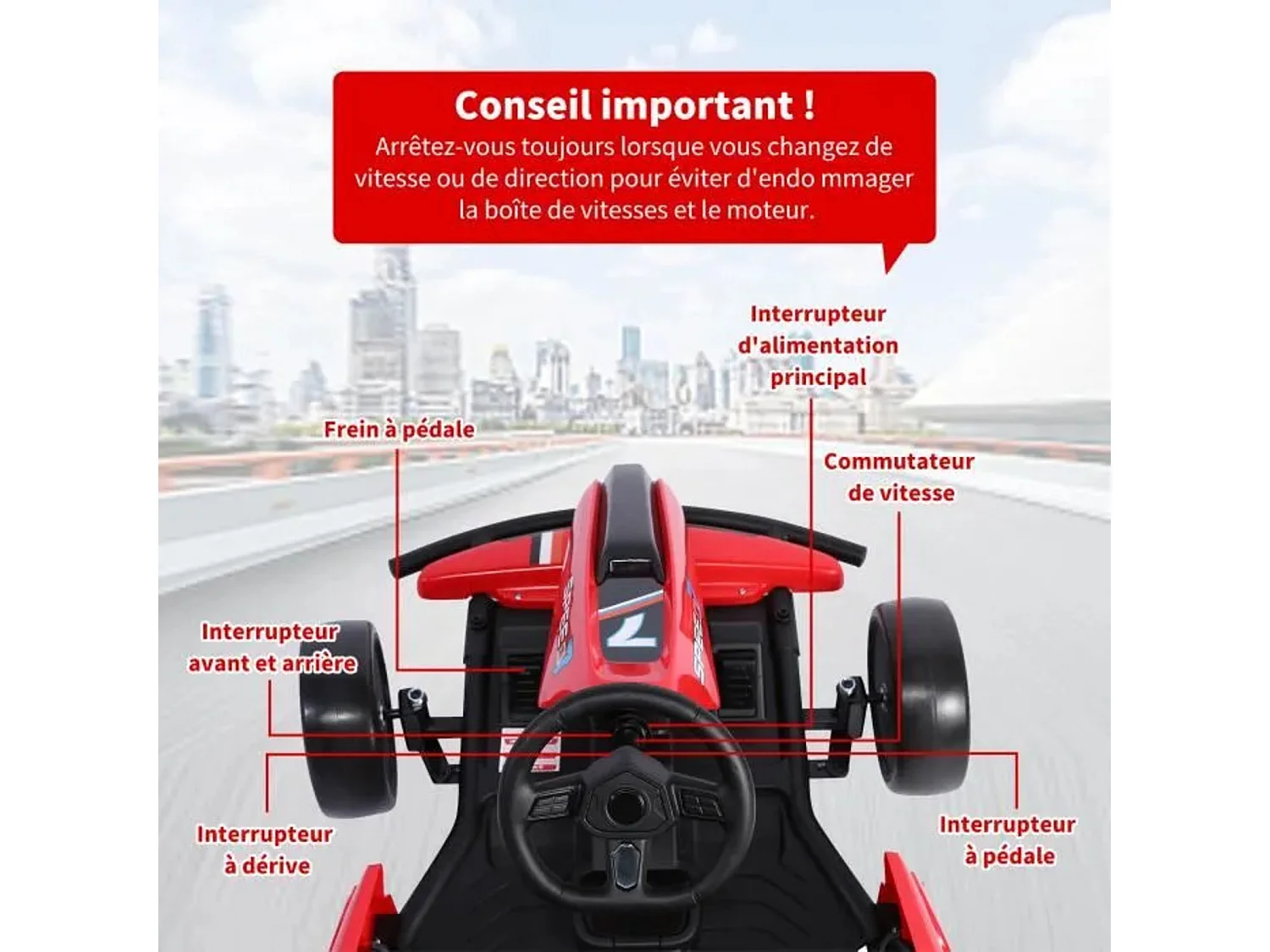 HOMEMiYN 24 V 13 km/h Elektro-Driftkart mit Sanftanlauf, Musik, Hupe, Sicherheitsgurt für Kinder von 8–12 Jahren (rot).
