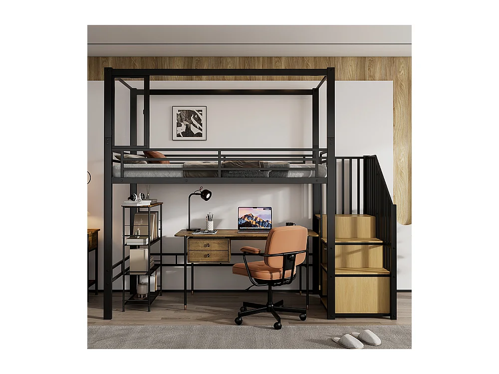 Lit mezzanine 90 x 200 cm, en fer, avec escalier, fenêtres en acrylique, espace inférieur librement aménageable, noir + couleur naturelle.