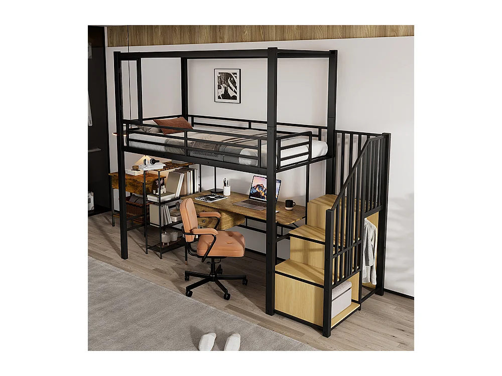 Lit mezzanine 90 x 200 cm, en fer, avec escalier, fenêtres en acrylique, espace inférieur librement aménageable, noir + couleur naturelle.