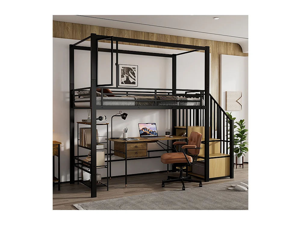 Lit mezzanine 90 x 200 cm, en fer, avec escalier, fenêtres en acrylique, espace inférieur librement aménageable, noir + couleur naturelle.