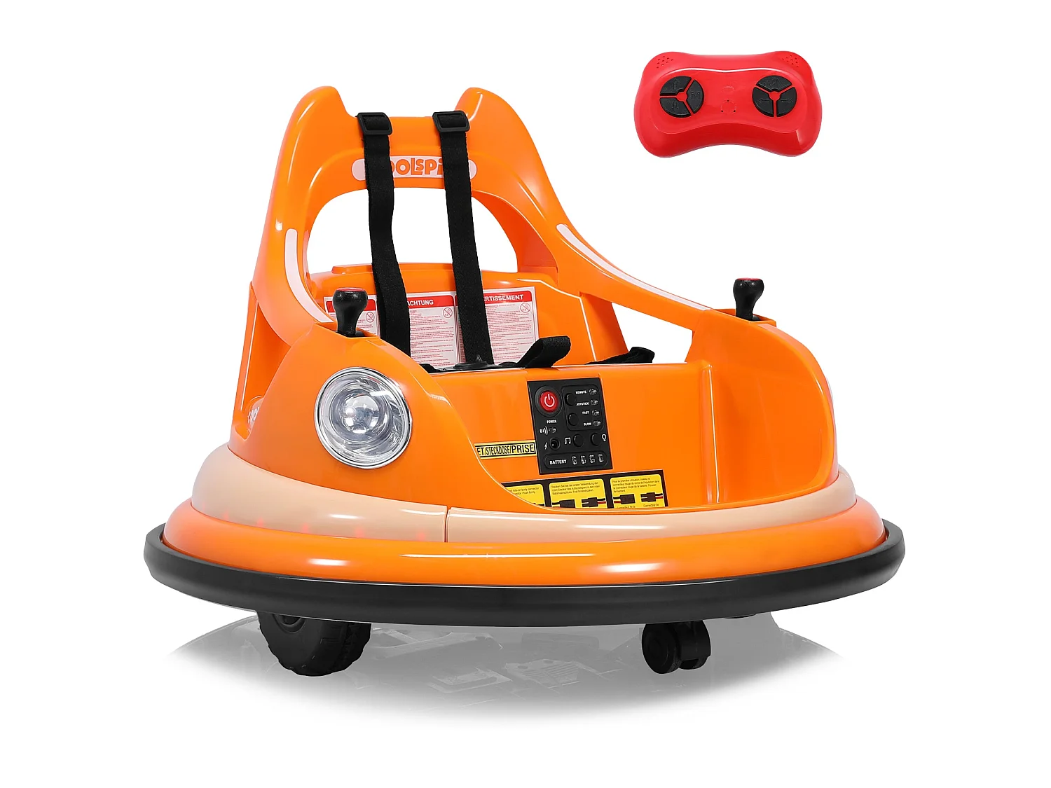 HOMEMiYN 12V Elektro-Pufferauto, 2 Gänge, ASTM, Fernbedienung, Bluetooth, LED, 360° drehbar, 5-Punkt-Gurt. Geeignet für Kinder von 1,5 bis 5 Jahren. Orange.