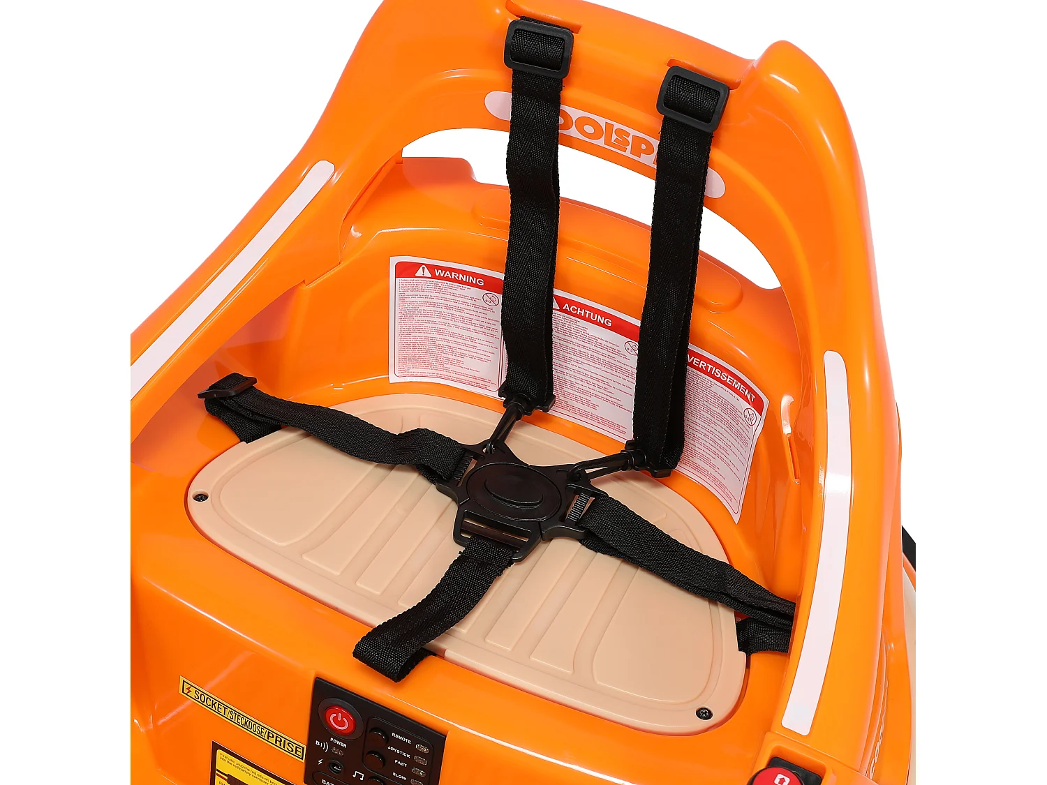 HOMEMiYN 12V Elektro-Pufferauto, 2 Gänge, ASTM, Fernbedienung, Bluetooth, LED, 360° drehbar, 5-Punkt-Gurt. Geeignet für Kinder von 1,5 bis 5 Jahren. Orange.