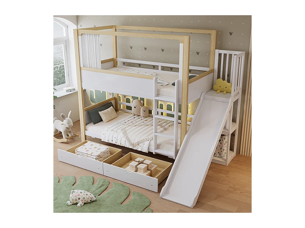 Lit pour enfants 90 x 200 cm, avec tiroirs, toboggan, rideaux en tissu pour le lit supérieur, blanc + couleur naturelle.