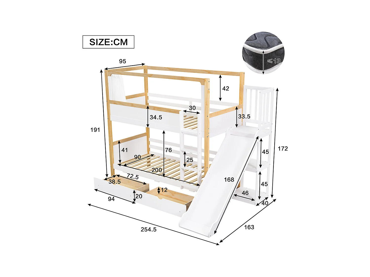 Lit pour enfants 90 x 200 cm, avec tiroirs, toboggan, rideaux en tissu pour le lit supérieur, blanc + couleur naturelle.