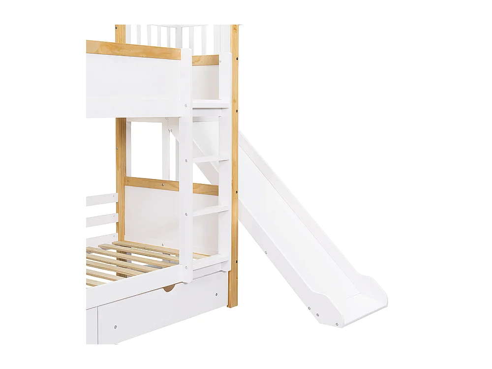 Lit pour enfants 90 x 200 cm, avec tiroirs, toboggan, rideaux en tissu pour le lit supérieur, blanc + couleur naturelle.